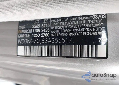 2003 Mercedes-Benz S 430 из США, поврежденный, VIN WDBNG70J63A356517